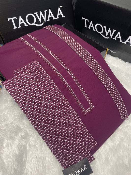 Men Pashmina Unstitch Chest/Neck/Cuff Embroidered Kameez Shalwar- Wash N Wear Boski - Wine