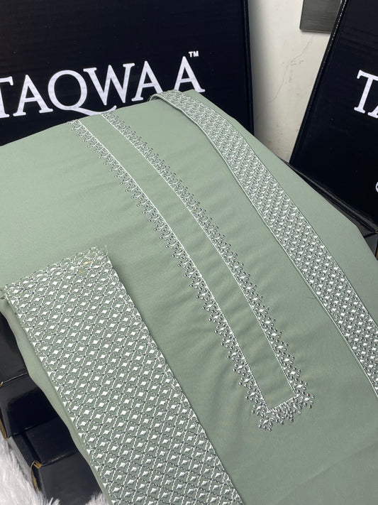 Men Pashmina Unstitch Chest/Neck/Cuff Embroidered Kameez Shalwar- Wash N Wear Boski - Green Mint