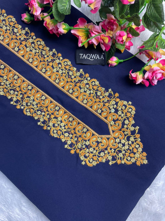 Men’s Unstitched Embroidered Kameez Shalwar with Chest Embroidery.
