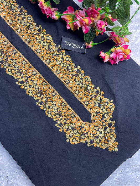 Men’s Unstitched Embroidered Kameez Shalwar with Chest Embroidery.