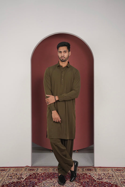 Boski Stiched Shalwar Kameez Olive Green