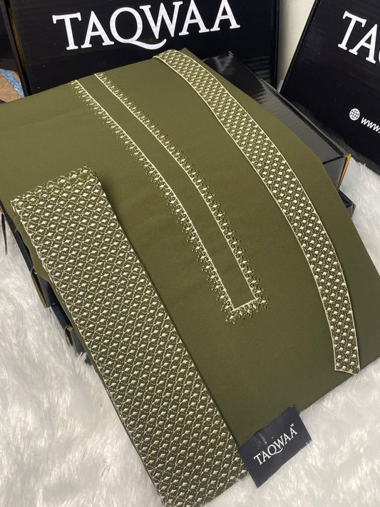 Men Pashmina Unstitch Chest/Neck/Cuff Embroidered Kameez Shalwar- Wash N Wear Boski - Olive