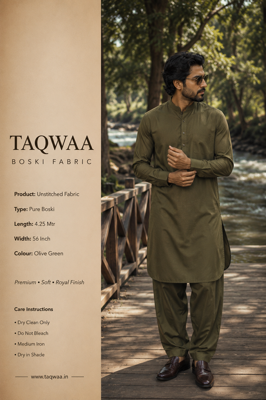 Pure Boski Olive Green – UnstitchedBoski Fabric by TAQWAA