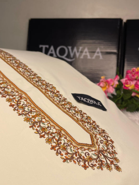 Men Sultan Embroidered – Wash & Wear Boski – Unstitched Fabric – Almond Cream