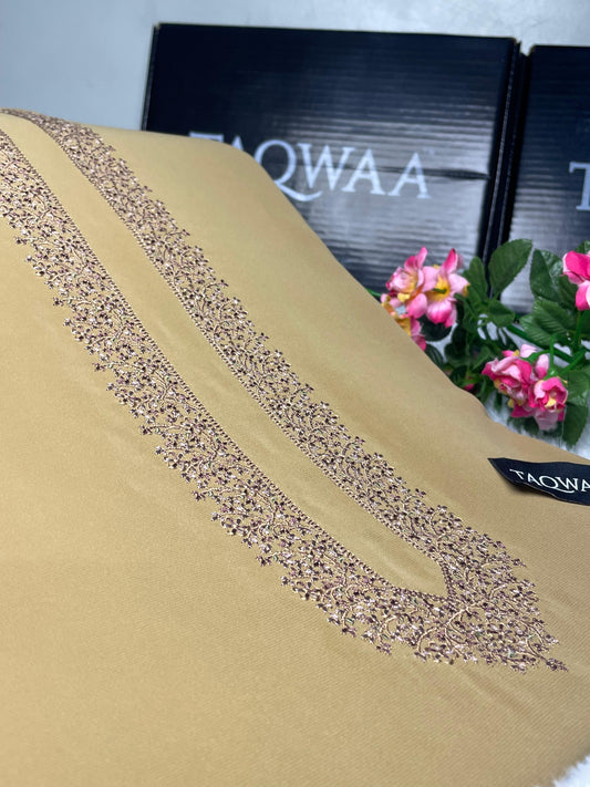 Men Ghazi Embroidered – Wash & Wear Boski – Unstitched Fabric – Sand Gold