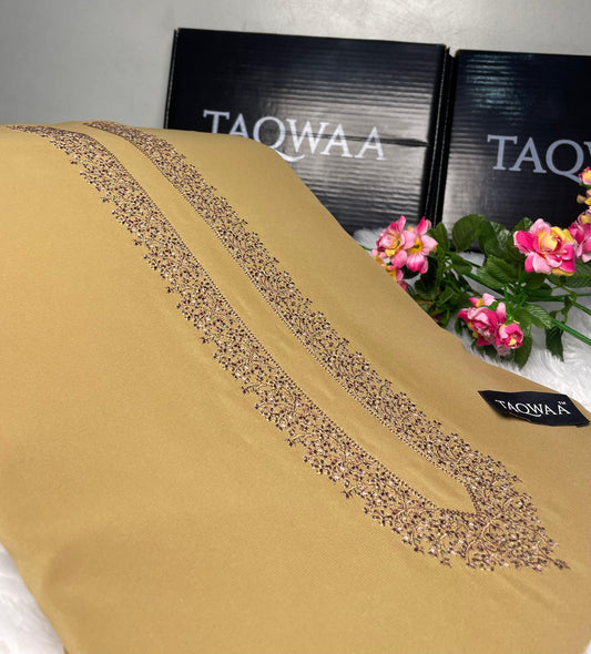 Men Ghazi Embroidered – Wash & Wear Boski – Unstitched Fabric – Sand Gold