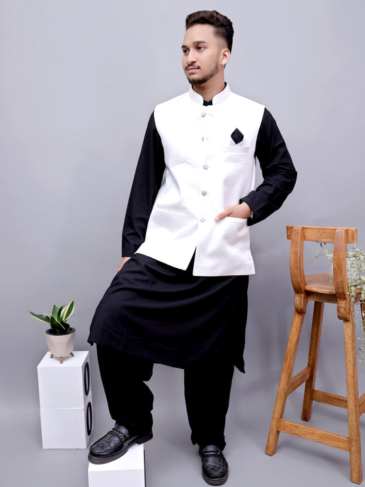 Men’s Stitched Shalwar Kameez with Classic Waistcoat.