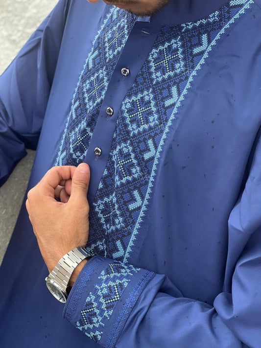 Men’s Afghani Embroidery Men’s Unstiched Shalwar Kameez – Navy Blue With Traditional Chest & Cuff Detailing