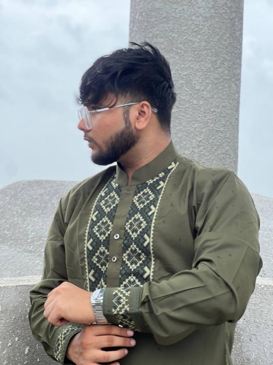 TAQWAA – Afghani Elegance Olive Green (Men’s Unstitched)