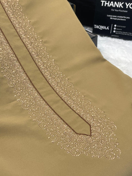 Men Tone-to-Tone Embroidered – Unstitched Fabric – Biscuit