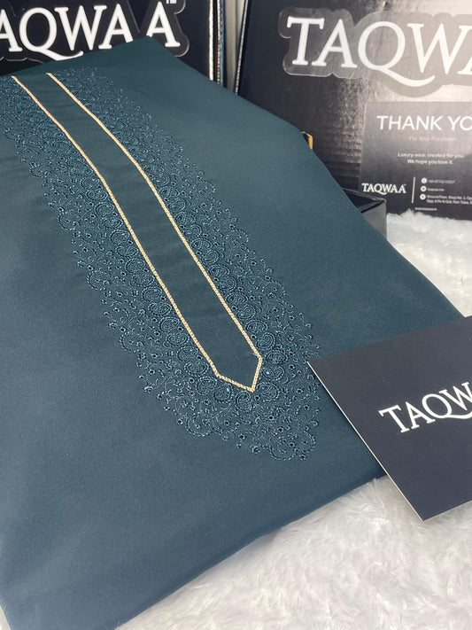 Men Tone-to-Tone Embroidered – Unstitched Fabric – Bottle Green