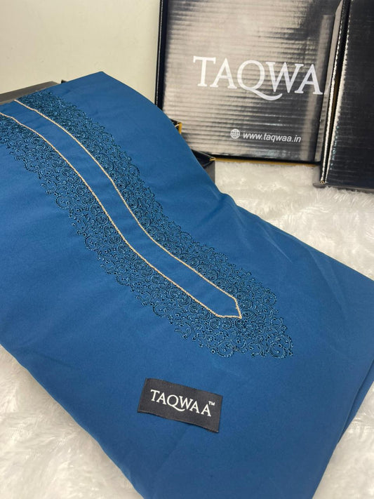 Men Tone-to-Tone Embroidered – Unstitched Fabric – Teal Blue