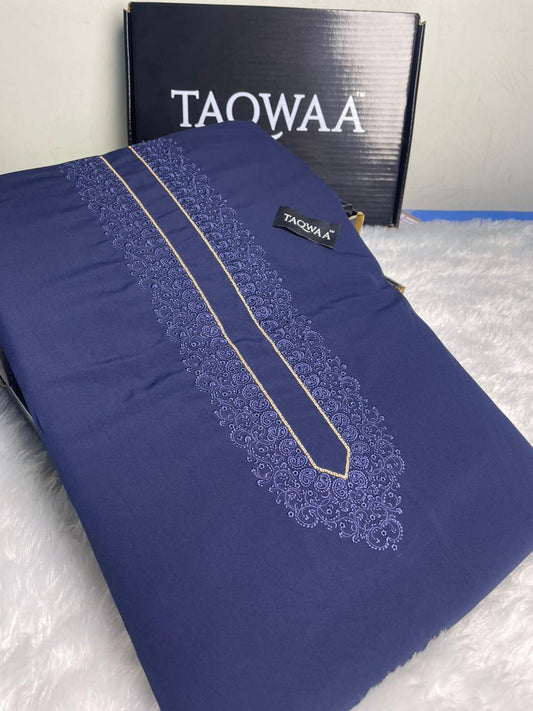 Men Tone-to-Tone Embroidered – Unstitched Fabric – Dark Blue