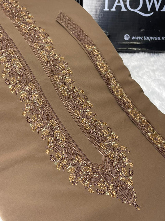 Men Amir Embroidered – Wash & Wear Boski – Unstitched Fabric – Light Coffee Brown