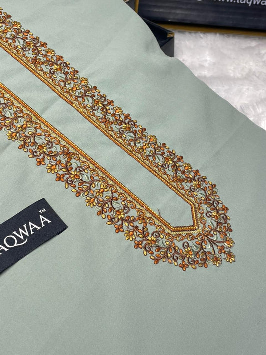 Men Sultan Embroidered – Wash & Wear Boski – Unstitched Fabric – Light Pista