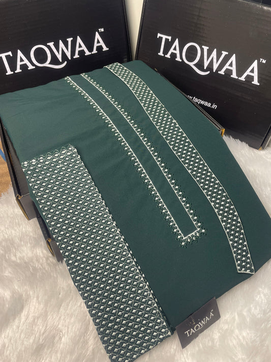 Men Pashmina Unstitch Chest/Neck/Cuff Embroidered Kameez Shalwar- Wash N Wear Boski - Bottle Green