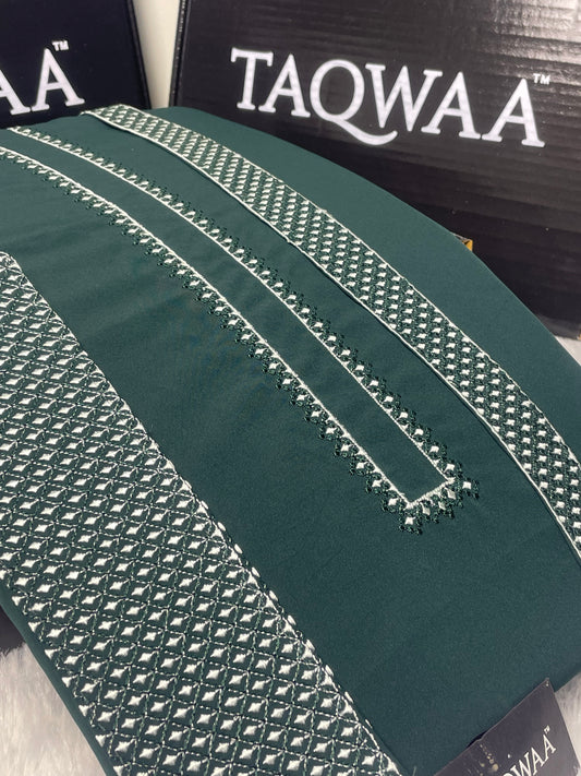 Men Pashmina Unstitch Chest/Neck/Cuff Embroidered Kameez Shalwar- Wash N Wear Boski - Bottle Green