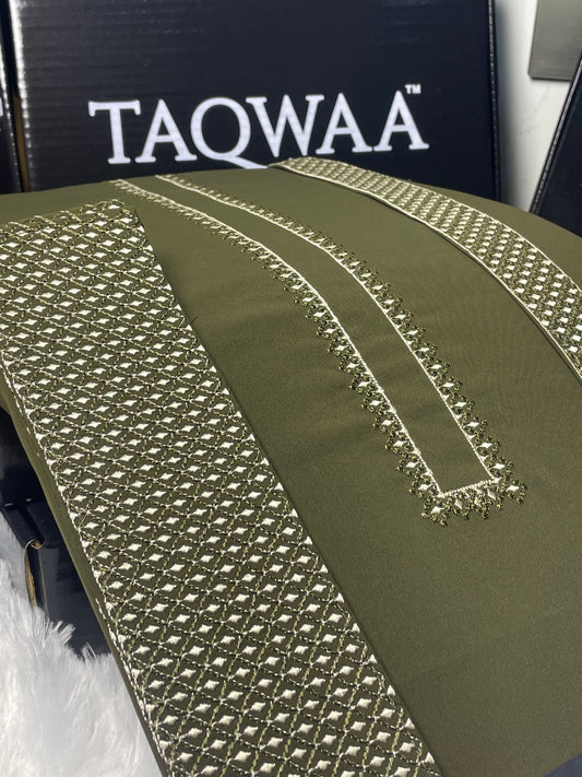 Men Pashmina Unstitch Chest/Neck/Cuff Embroidered Kameez Shalwar- Wash N Wear Boski - Olive