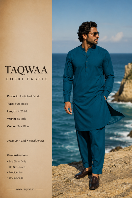 Pure Boski Teal Blue – Unstitched Boski Fabric by TAQWAA (4.25 Meters)