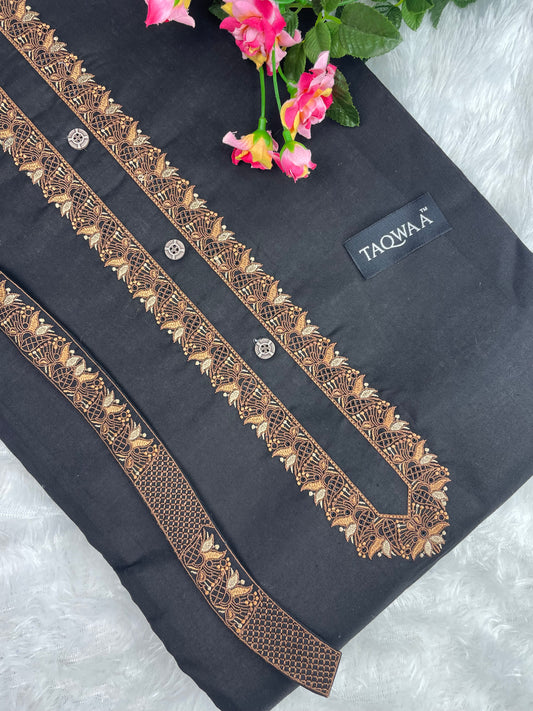 Men’s Unstitched Embroidered Kameez Shalwar with Elegant Chest Embroidery.