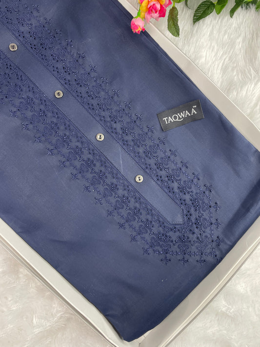 Men’s Unstitched Embroidered Kameez Shalwar with Elegant Chest Embroidery.