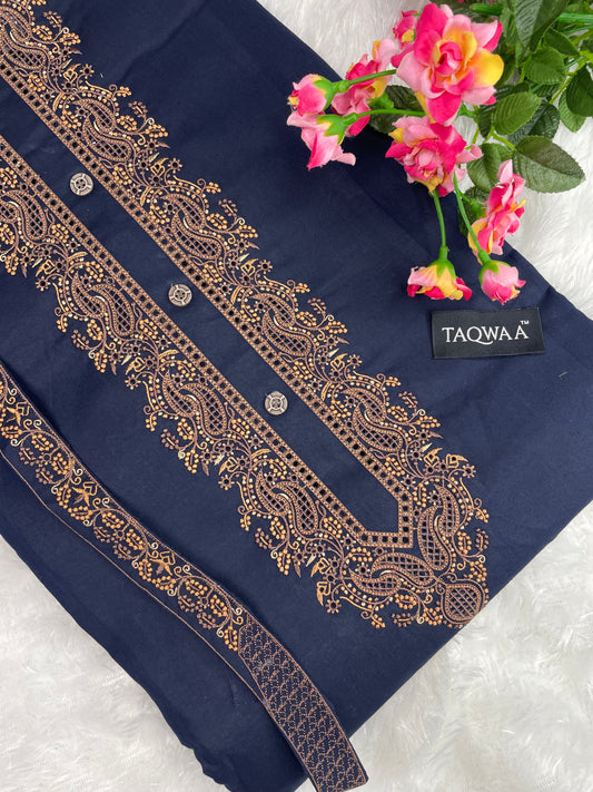 Men’s Unstitched Embroidered Kameez Shalwar with Elegant Chest Embroidery.