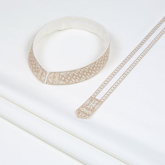 Men’s Unstitched Embroidered Bann & Placket Kameez Shalwar – Off-White