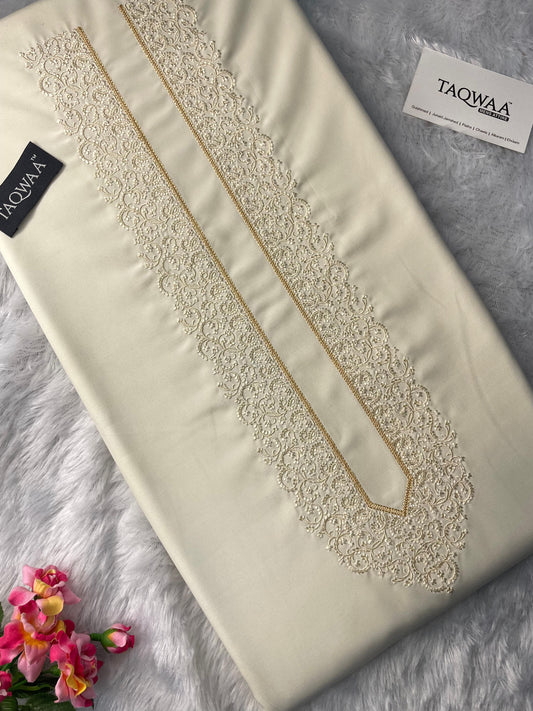 Men Tone-to-Tone Embroidered – Unstitched Fabric – Cream