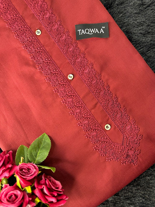 Men Embroidered Unstitch Kameez Shalwar-Red