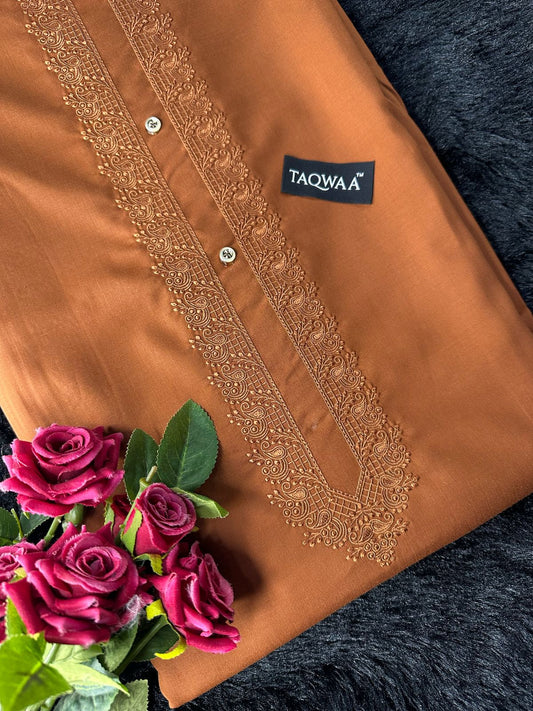 Men Embroidered Unstitch Kameez Shalwar-Caramel Rust