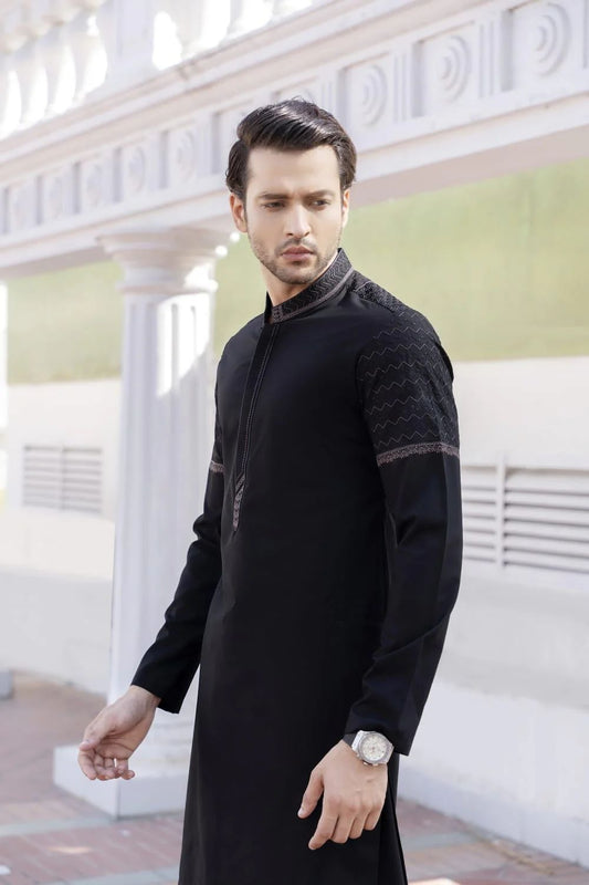 Men’s Classic Jet Black Kameez Shalwar with Elegant Neckline Embroidery