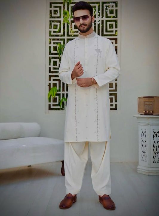 Men’s Off-White Regal Kameez Shalwar with Signature Vertical Motifs - Cream