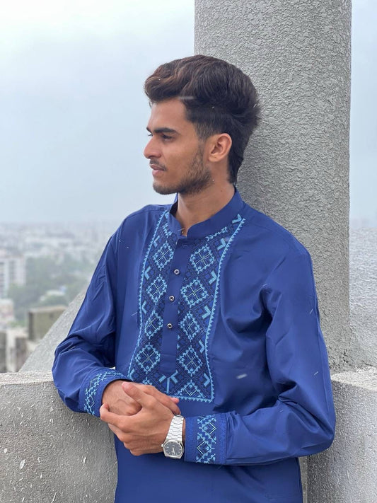 Men’s Afghani Embroidery Men’s Unstiched Shalwar Kameez – Navy Blue With Traditional Chest & Cuff Detailing