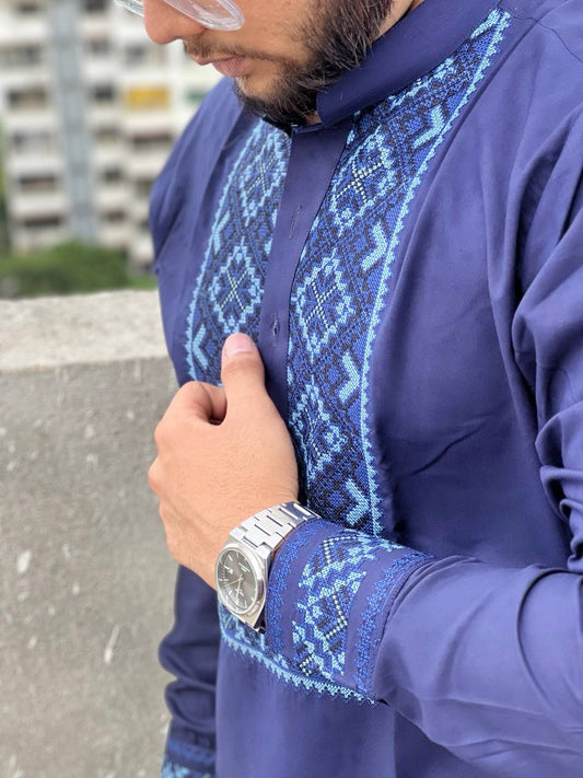 Afghani Embroidery Men’s Unstiched Shalwar Kameez – Royal Blue