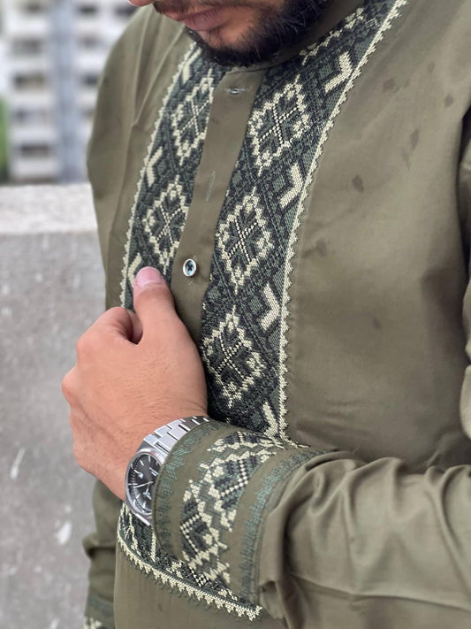 TAQWAA – Afghani Elegance Olive Green (Men’s Unstitched)