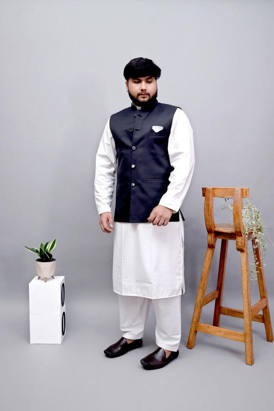 Men’s Stitched Shalwar Kameez with Classic Waistcoat.