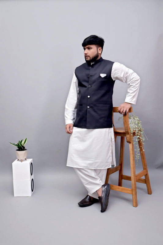 Men’s Stitched Shalwar Kameez with Classic Waistcoat.