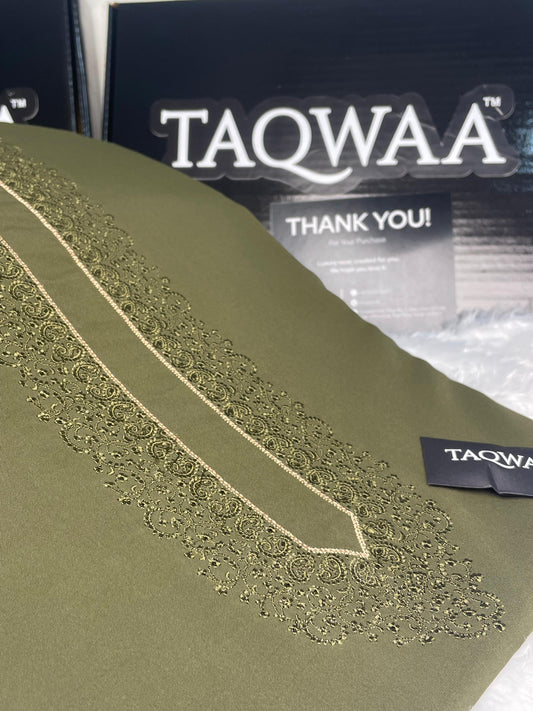 Men Tone-to-Tone Embroidered – Unstitched Fabric – Olive Green