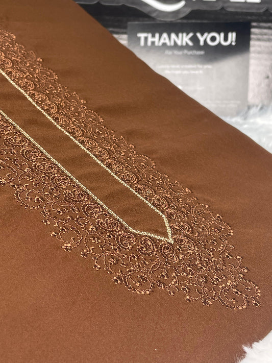 Men Tone-to-Tone Embroidered – Unstitched Fabric – Reddish Brown