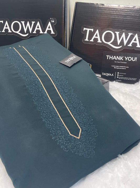 Men Tone-to-Tone Embroidered – Unstitched Fabric – Bottle Green