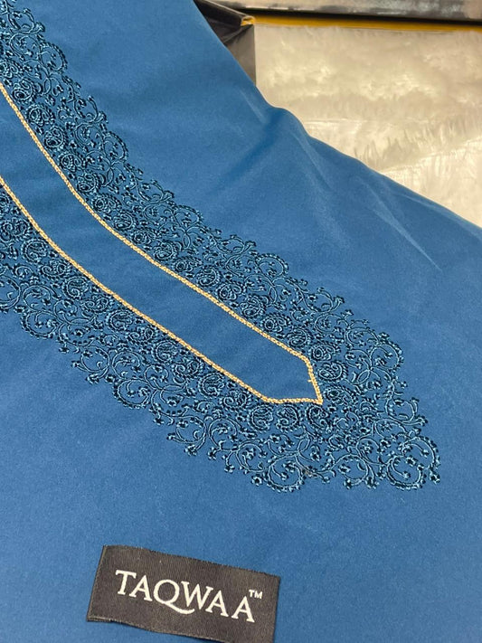 Men Tone-to-Tone Embroidered – Unstitched Fabric – Teal Blue