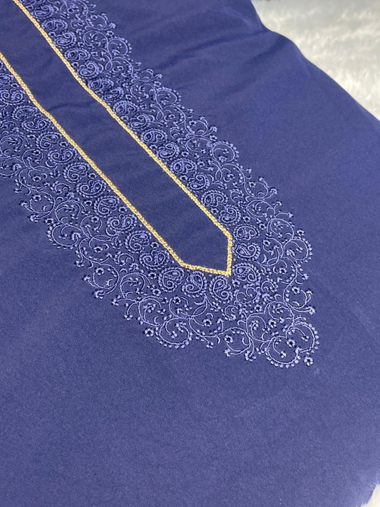 Men Tone-to-Tone Embroidered – Unstitched Fabric – Dark Blue