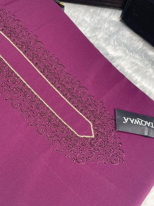 Men Tone-to-Tone Embroidered – Unstitched Fabric – Boski – Wine