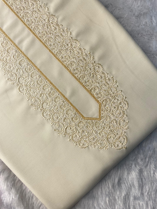 Men Tone-to-Tone Embroidered – Unstitched Fabric – Cream